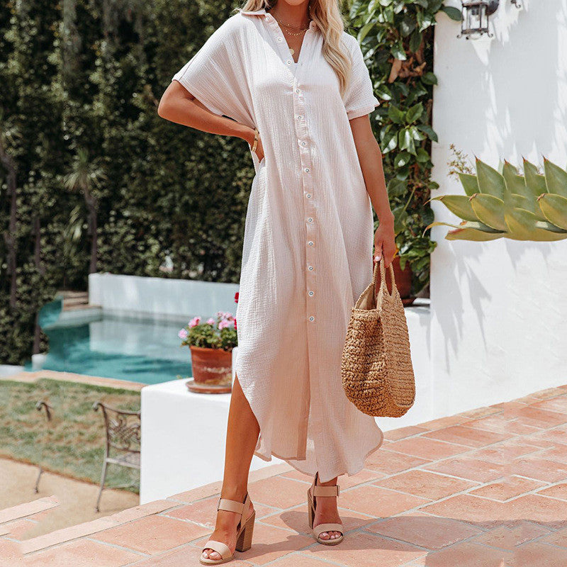 Women’s Maxi Shirt Dress with Side Slit and Elegant Collar Ivyshape