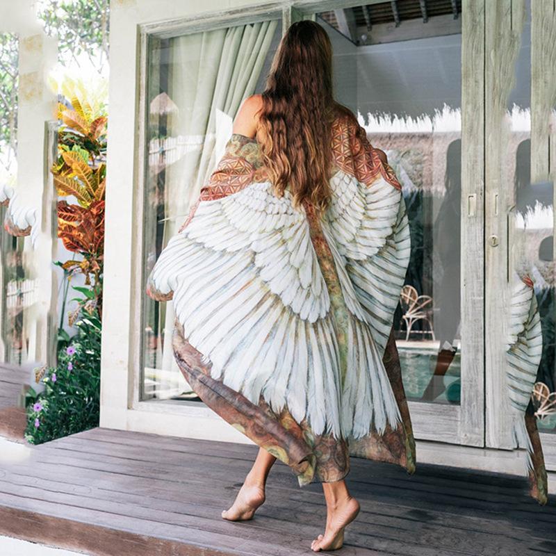 Women's Beach Cloak with Artistic Wings Design Ivyshape