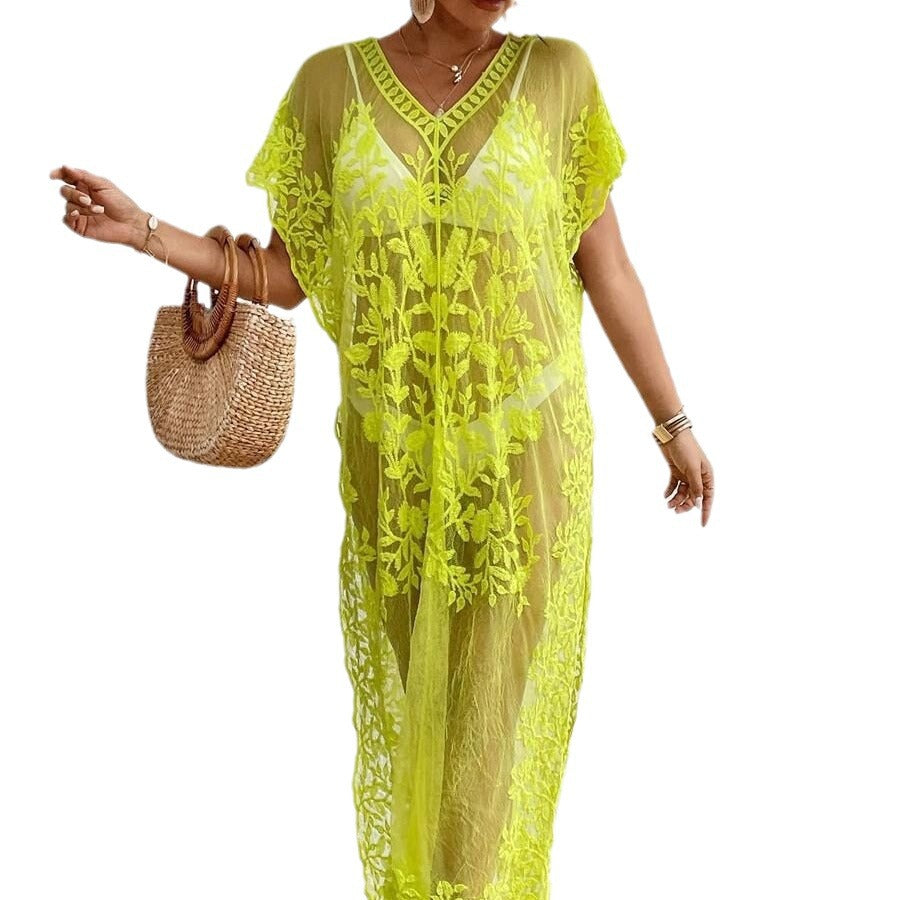 Women's Transparent Beach Robe with Floral Crochet Pattern Ivyshape