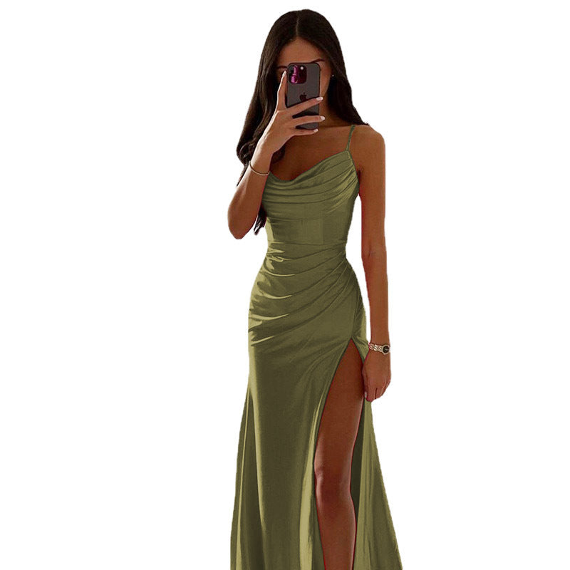 Ladies Elegant Gathered High Slit Maxi Dress Ivyshape