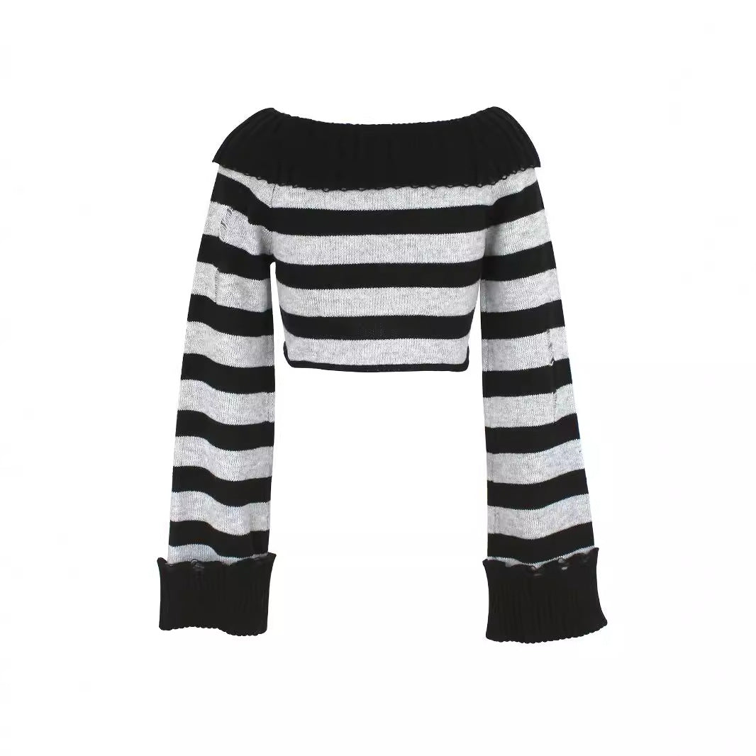 Women's Off-Shoulder Striped Sweater with Wide Sleeves Ivyshape