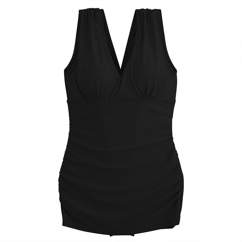 Ladies stylish swimming dress with deep V-neck and figure-flattering silhouette Ivyshape