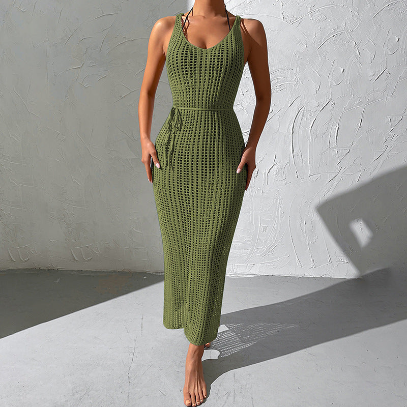 Ladies crochet stand-up dress with deep V-neck and side slits Ivyshape
