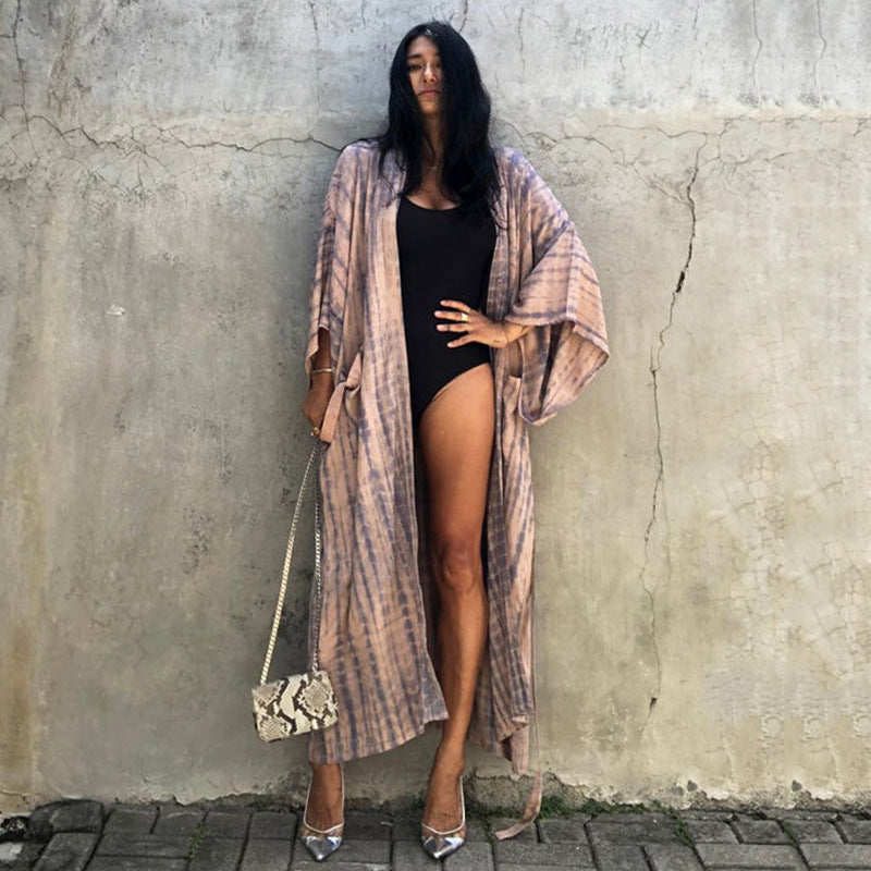 Women’s summer light beach kimono with artistic batik design Ivyshape