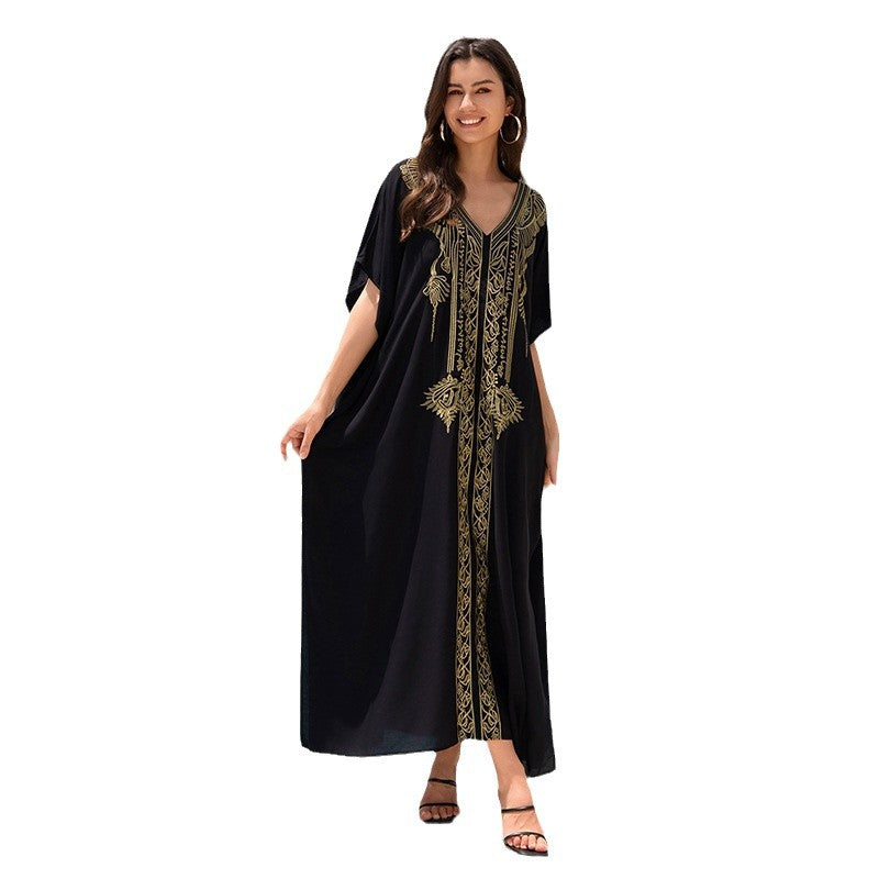 Ladies Kaftan dress with ornate gold embroidery and side slits Ivyshape