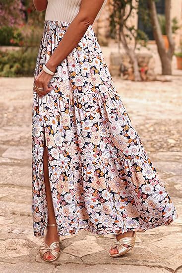 Women's Bohemian Floral Tiered Dress Maxi Skirt Ivyshape