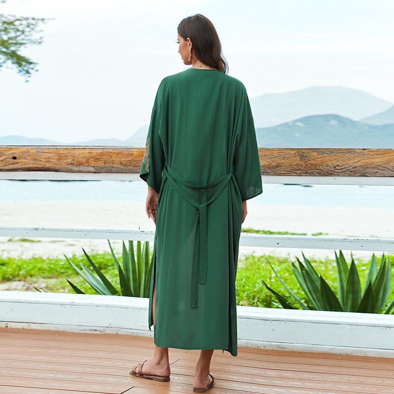 Ladies elegant beach kimono with intricate embroidery and deep V-neck Ivyshape
