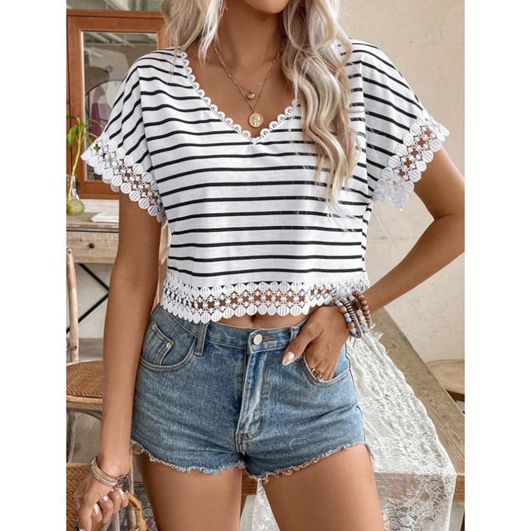 Ladies short sleeve blouse with lace trim and striped pattern Ivyshape