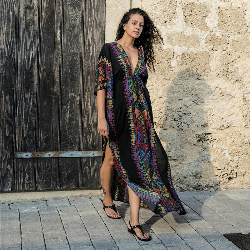 Women Boho-Style Maxi Dress with Colorful Embroidery Ivyshape