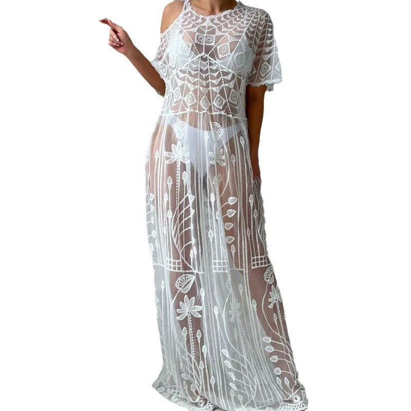 Women's transparent crochet beach cover-up with floral patterns Ivyshape