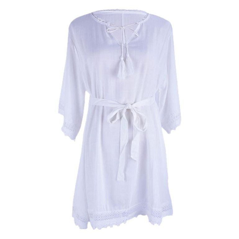 Women's elegant beach robe with lace embellishments Ivyshape