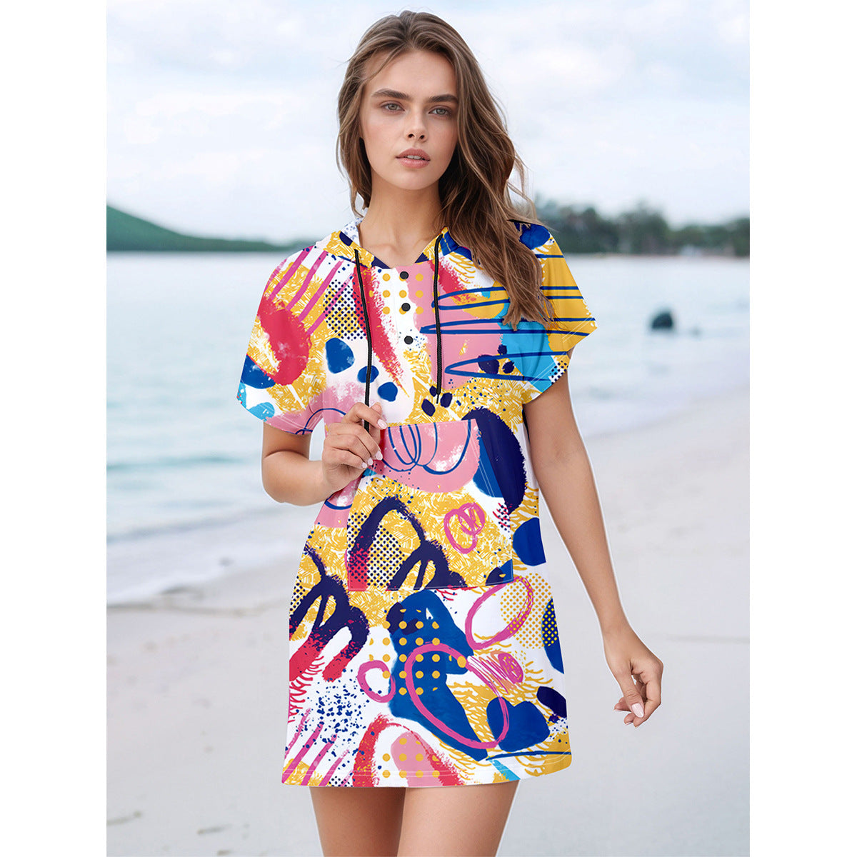 Women's hooded dress with modern abstract pattern Ivyshape