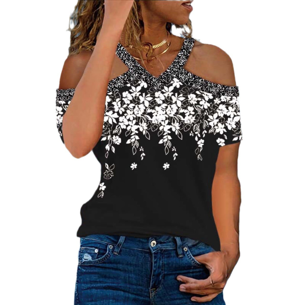 Women's Cold Shoulder Flower Pattern Top Ivyshape