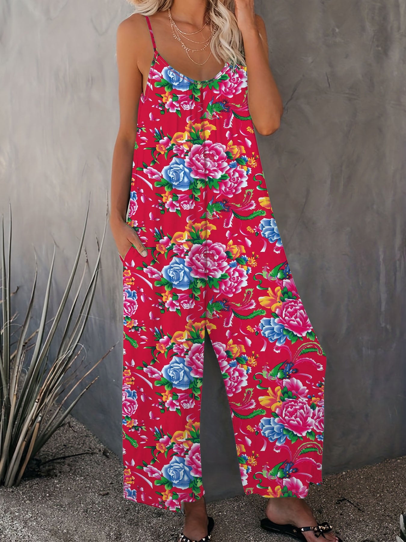 Ladies Floral Print Wide Leg Jumpsuit Ivyshape