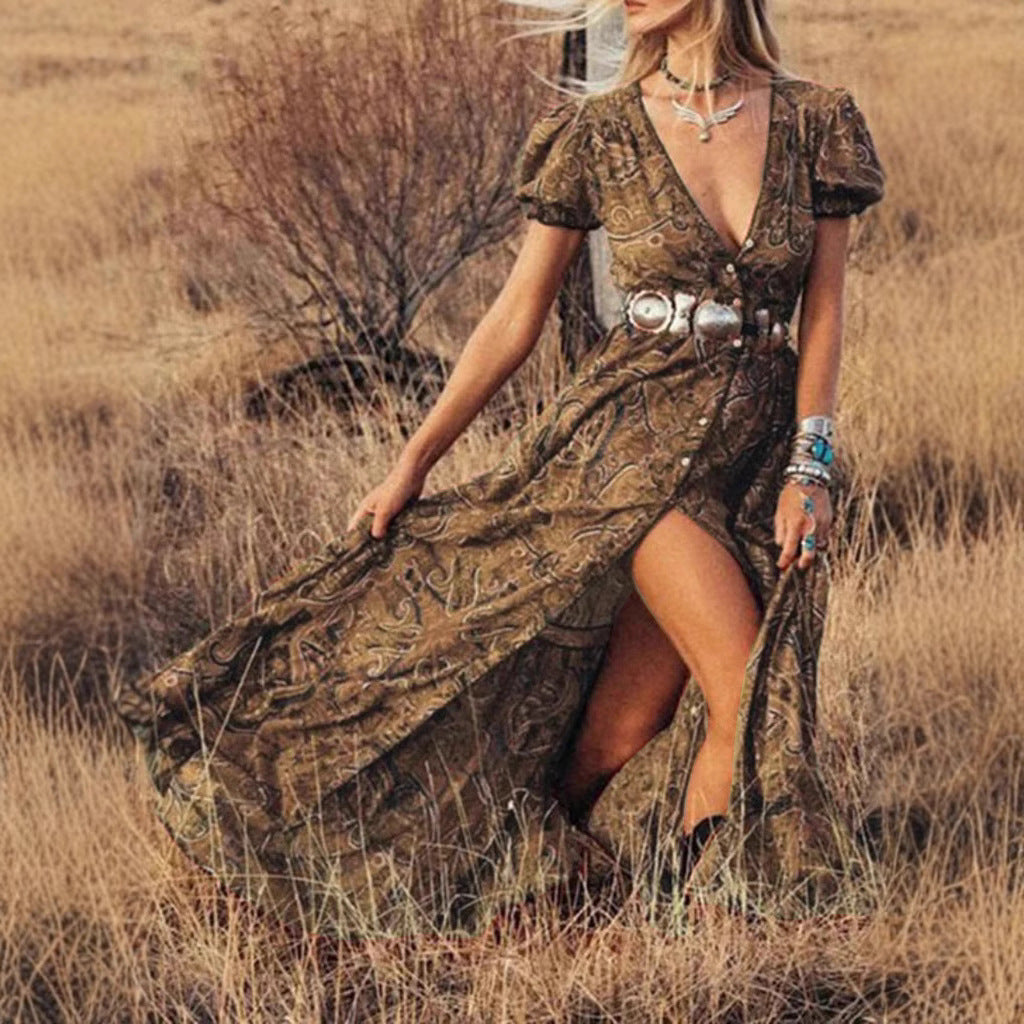 Ladies Maxidress with elegant puff sleeves and refined slit Ivyshape