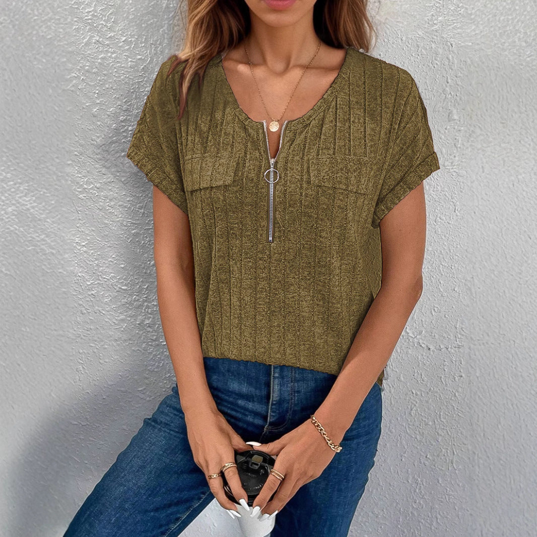 Women Rib Pockets Zip-Up Top Ivyshape