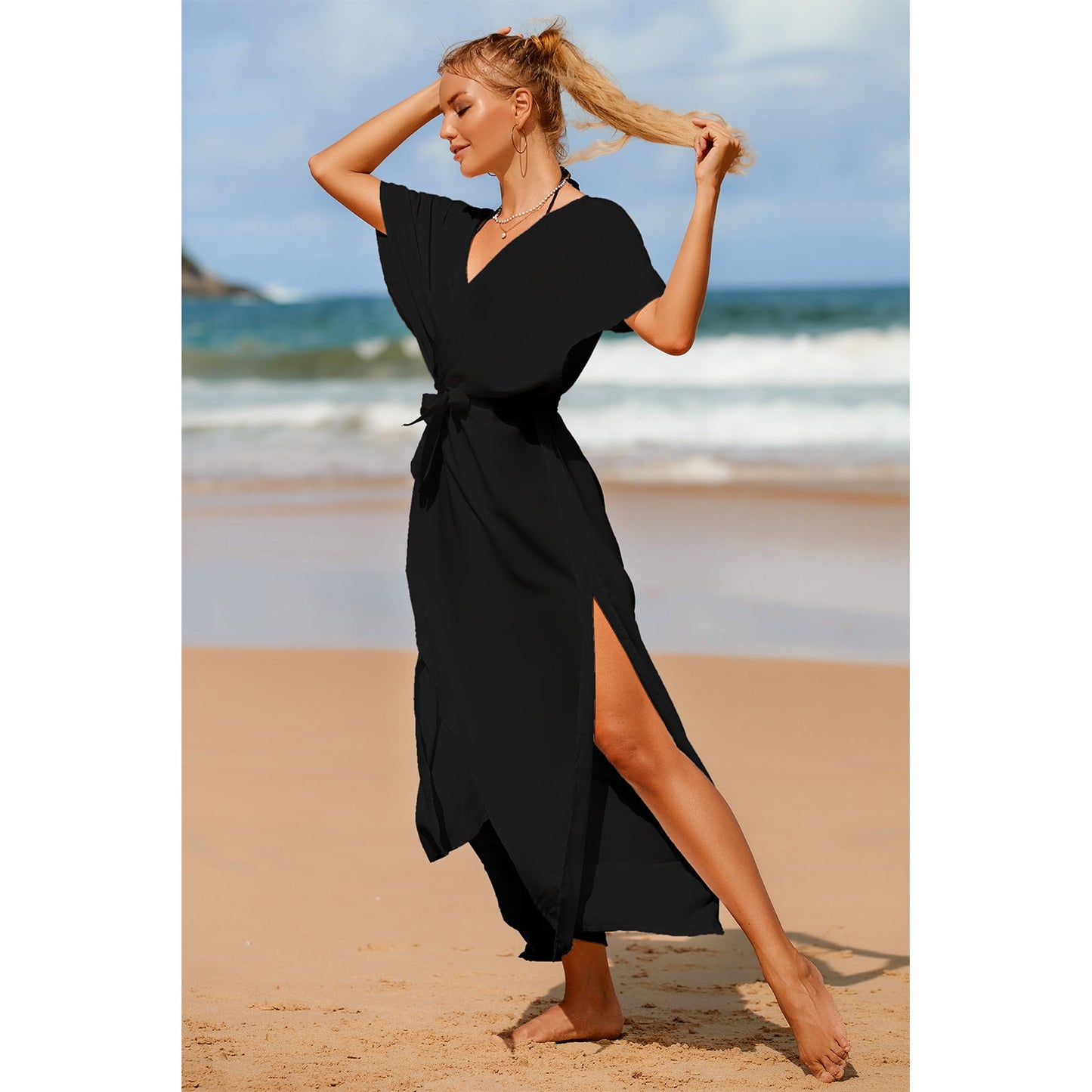 Ladies long beach dress with wide-cut sleeves and elegant waistline Ivyshape