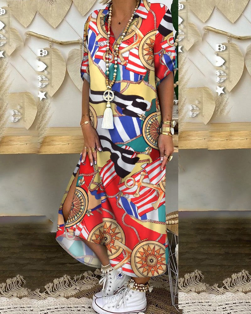 Ladies Long Sleeve Dress with Elegant Schrift Pattern and Side Slits Ivyshape