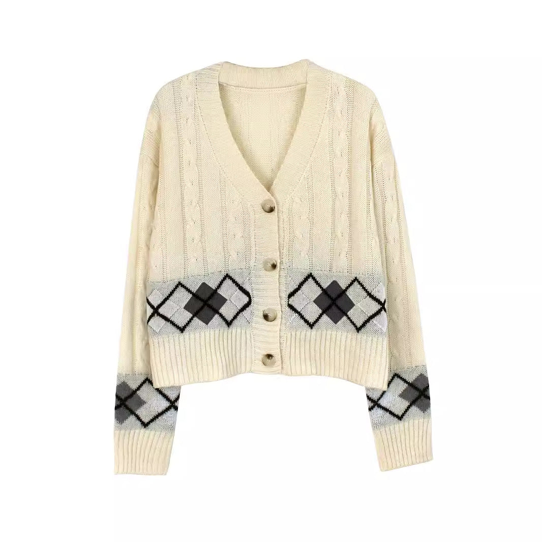 Women’s casual knitted cardigan with check pattern and cable pattern Ivyshape
