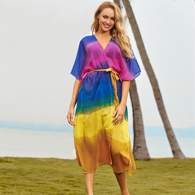 Women's transparent beach kimono with colorful gradient and attractive sleeves Ivyshape