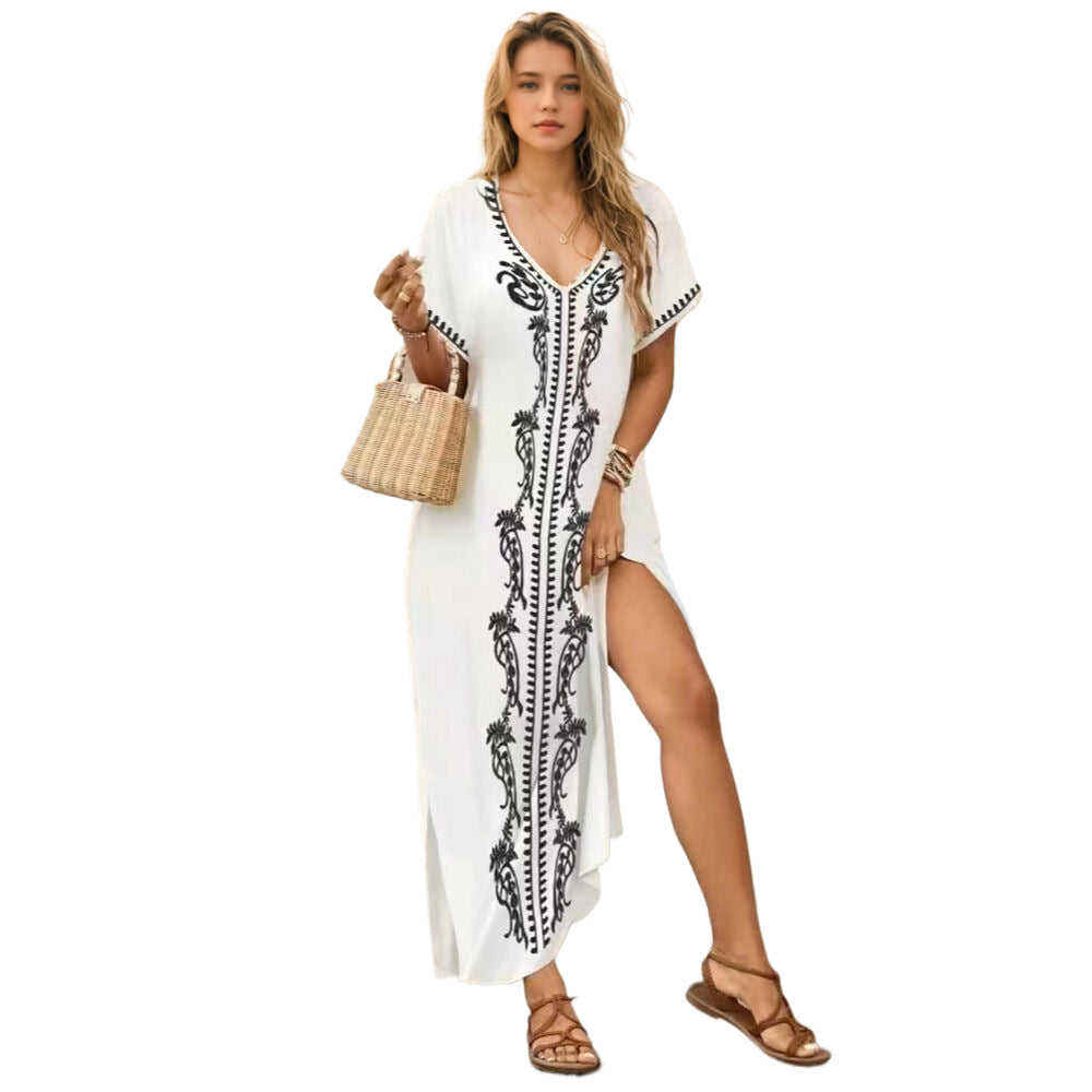 Women’s beach dress with elaborate embroidery and side slits Ivyshape