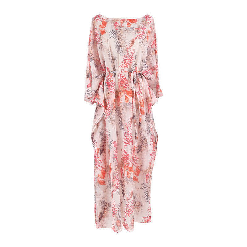 Women's airy beach kaftan with floral design and tie belt Ivyshape