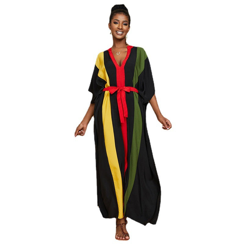 Ladies Maxi Dress with stylish stripes and waist belt Ivyshape