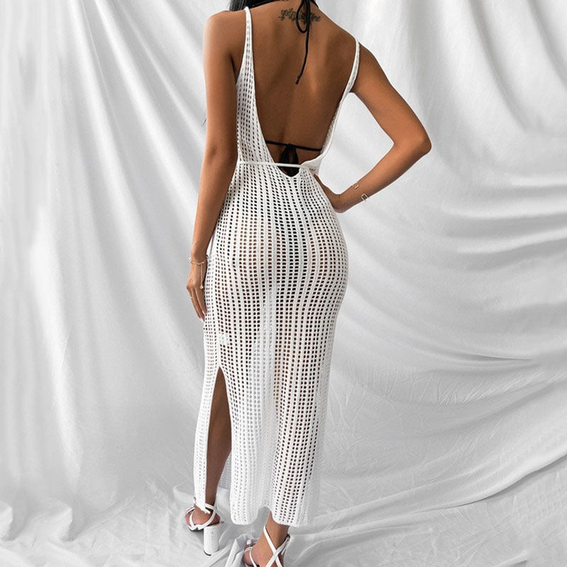 Ladies airy beach dress with exquisite crochet pattern and side slit Ivyshape