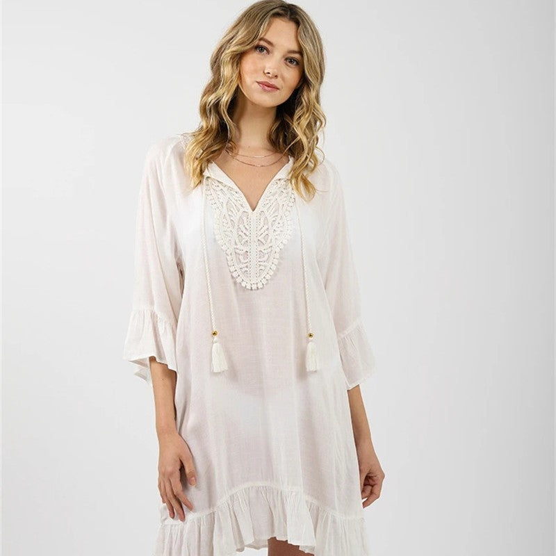 Women's beach tunic with elegant crochet pattern and ruffle details Ivyshape
