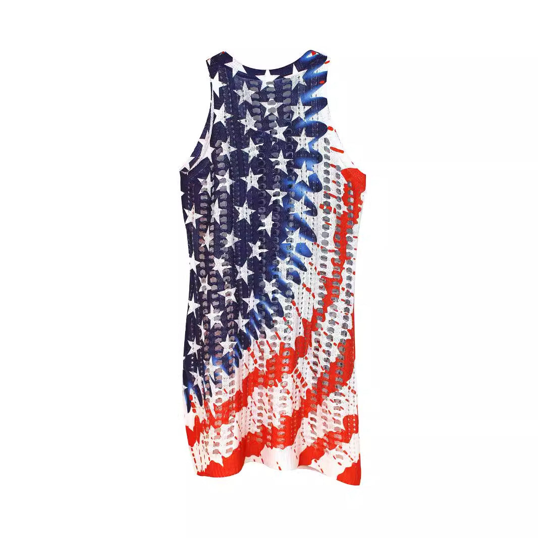 Women's Crochet Beach Dress with American Motif and Side Slit Ivyshape