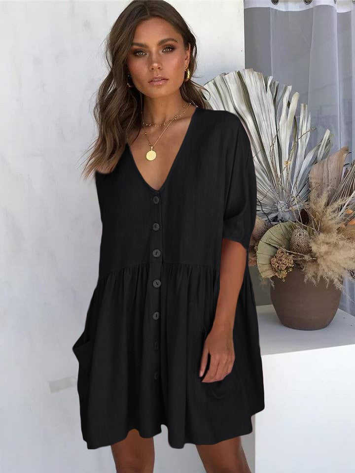 Women's casual short sleeve dress with button detail and pocket Ivyshape