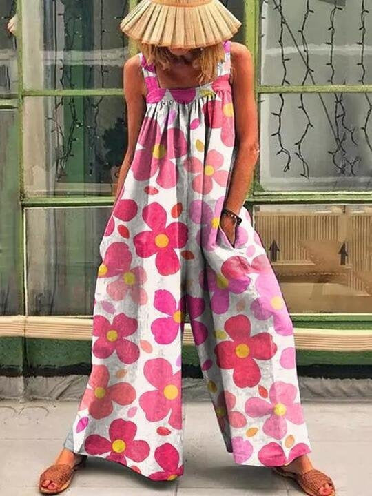 Ladies Art Print Wide-Leg Overall Ivyshape
