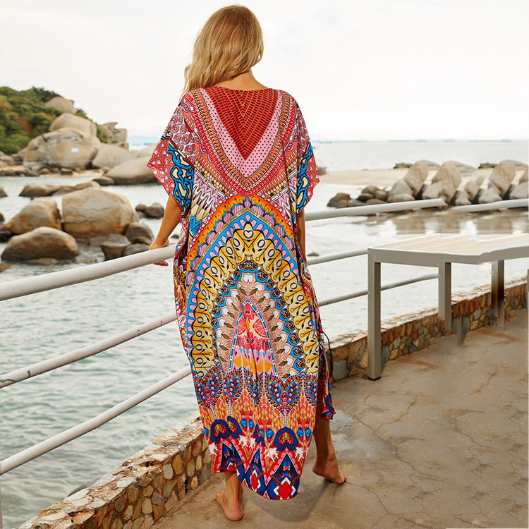 Women’s beach kaftan with colorful mandala design and loose fit Ivyshape