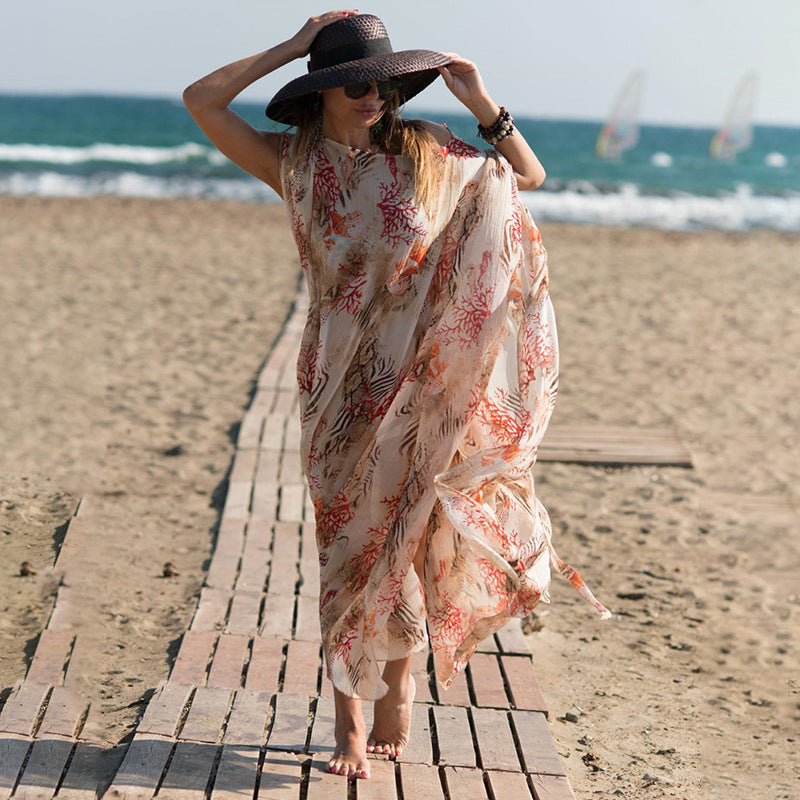 Women's airy beach kaftan with floral design and tie belt Ivyshape