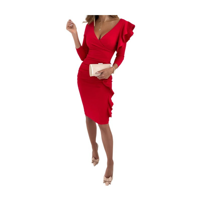 Ladies evening dress with sophisticated wrap design and voluminous sleeves Ivyshape