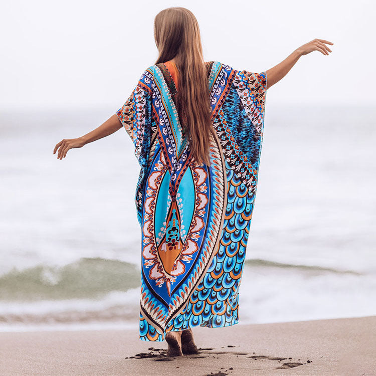 Women's airy kaftan with embroidered tropical motif Ivyshape