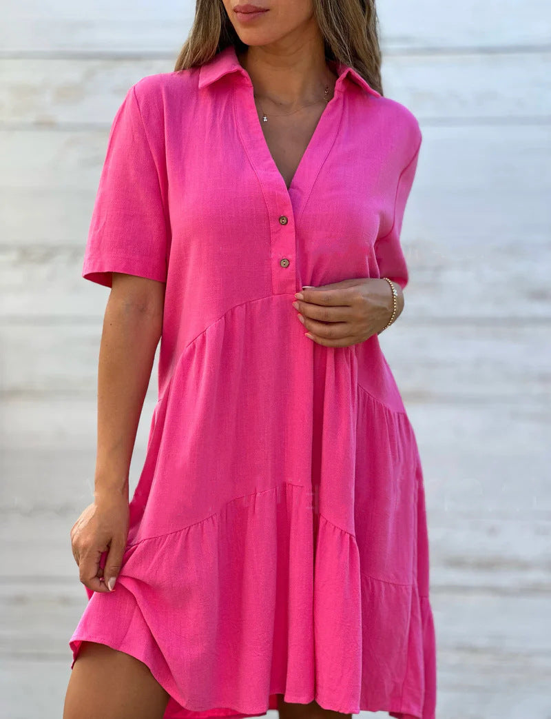 Women Short Sleeve Button-Up Swing Dress Ivyshape