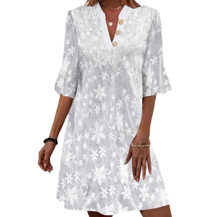 Ladies casual dress with floral pattern and button detail Ivyshape