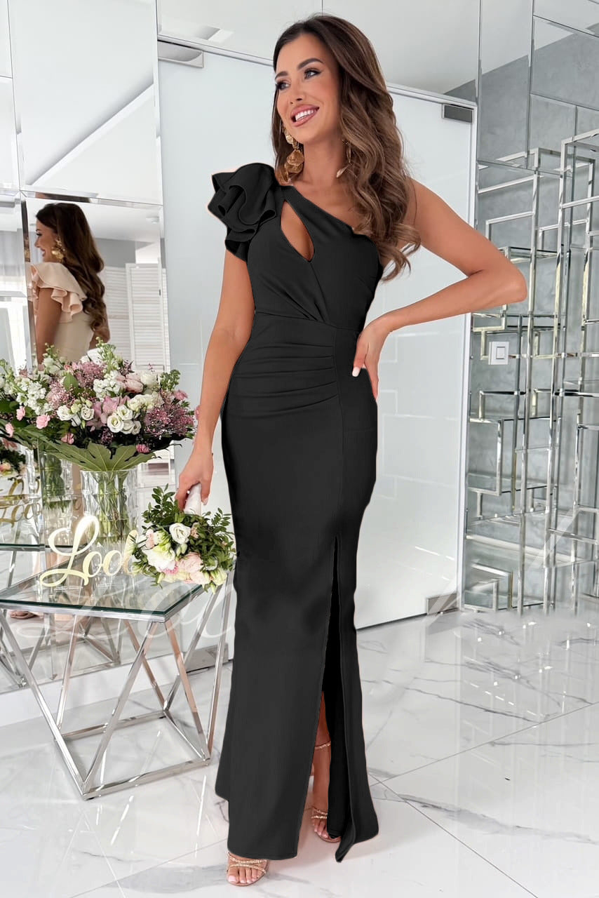 Ladies Elegant Evening Dress with Asymmetrical Neckline and Ruffle Details Ivyshape