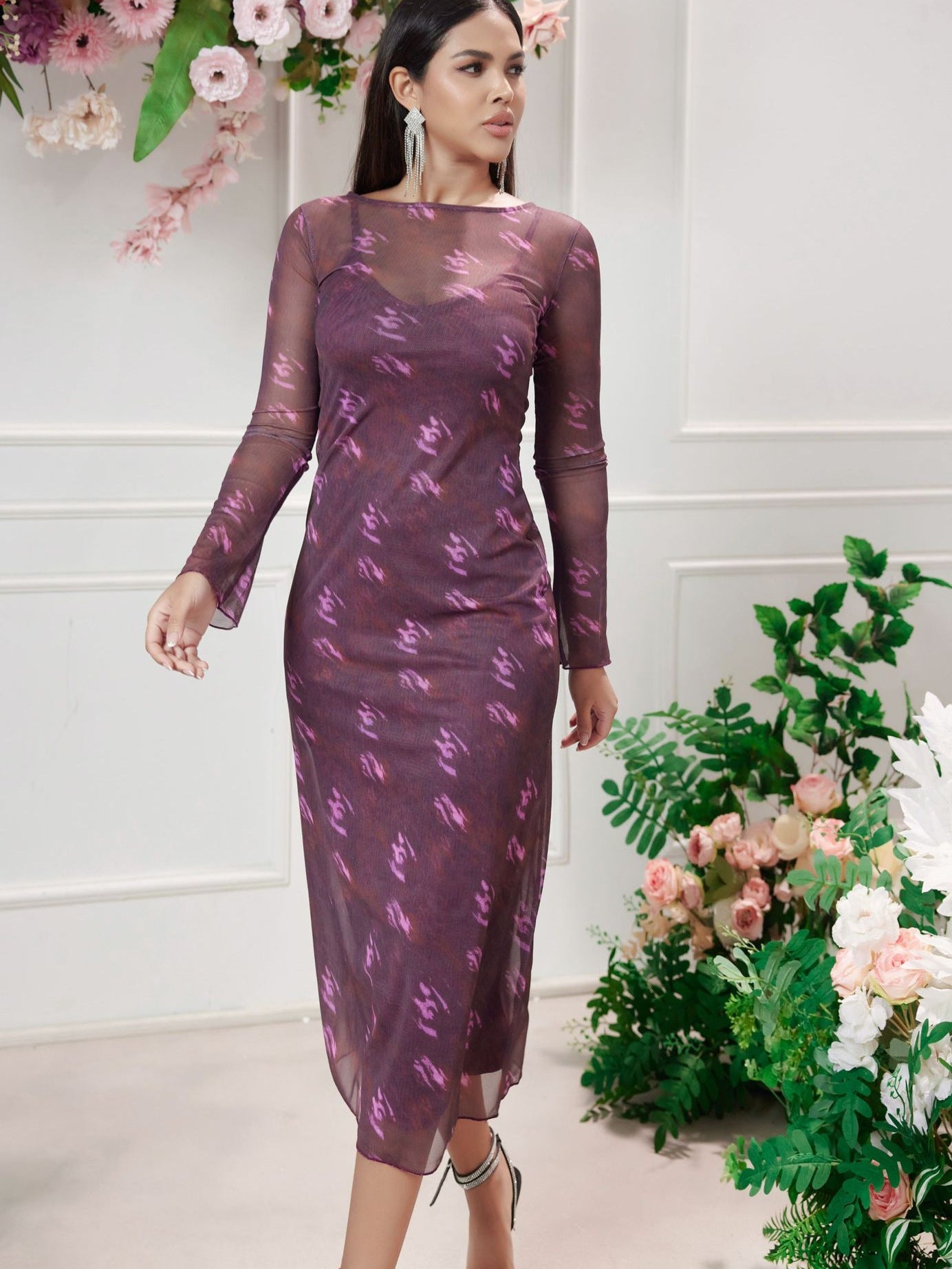 Ladies Transparent Floral Midi Dress Ivyshape