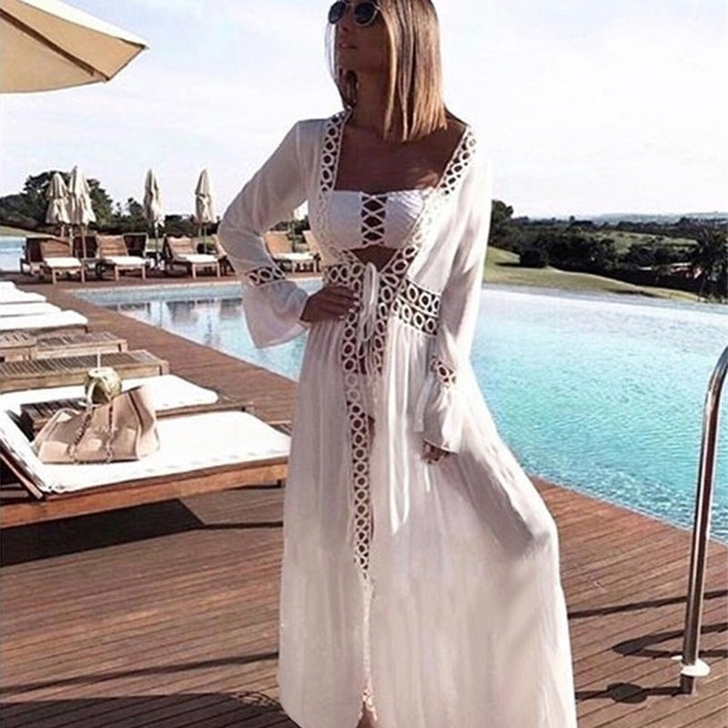 Women's transparent beach cover-up with elaborate crochet embellishments Ivyshape