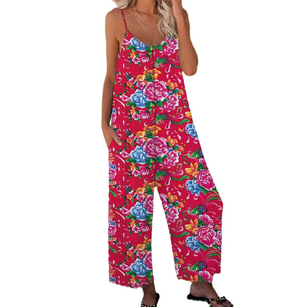 Ladies Floral Print Wide Leg Jumpsuit Ivyshape