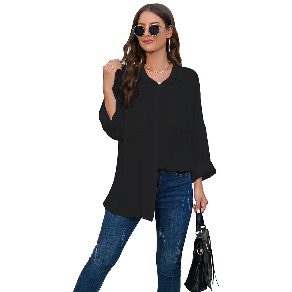 Women's casual oversized blouse with patch pockets Ivyshape