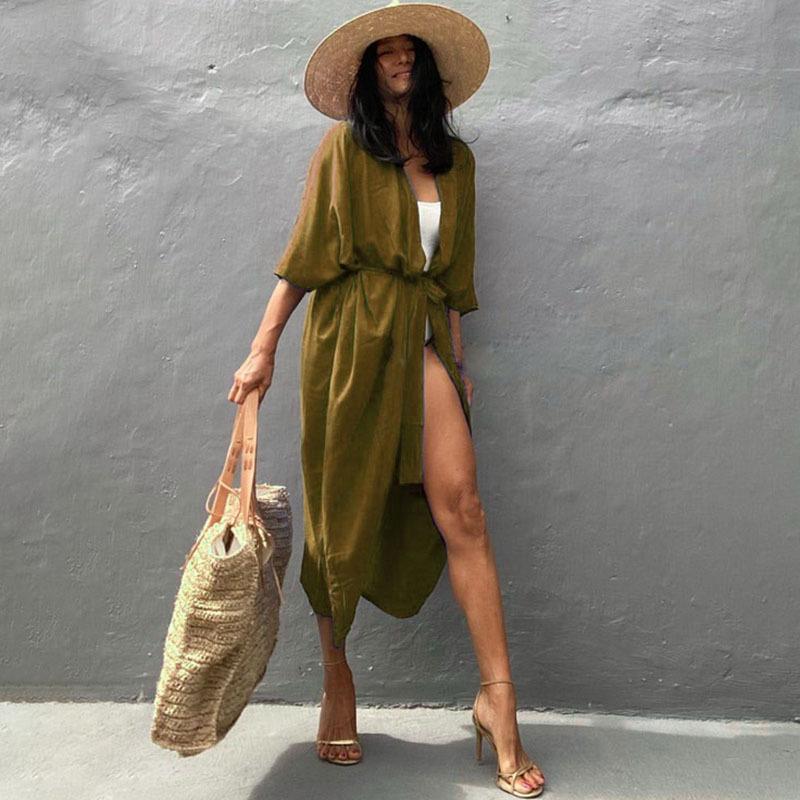 Ladies' beach robe with elegant tie belt and side slits Ivyshape