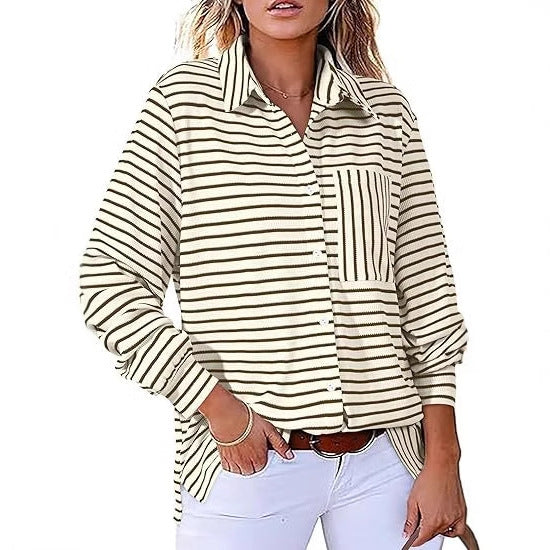 Women Casual Striped Blouse with Pocket and Button Placket Ivyshape