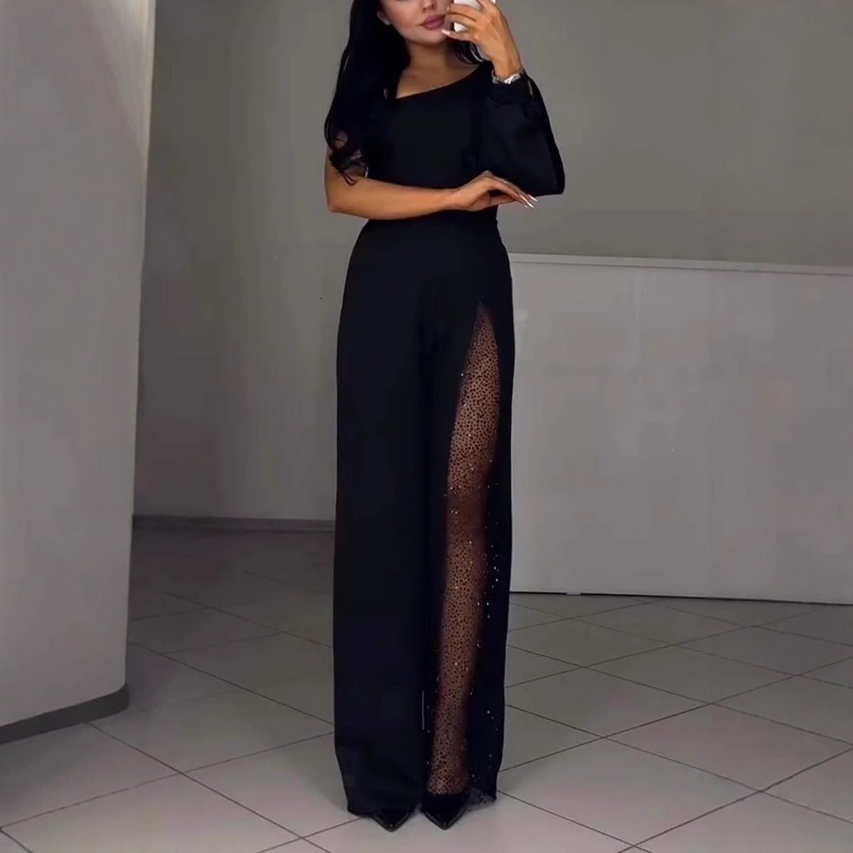 Asymmetrical one-sided women's jumpsuit with sequin panel Ivyshape