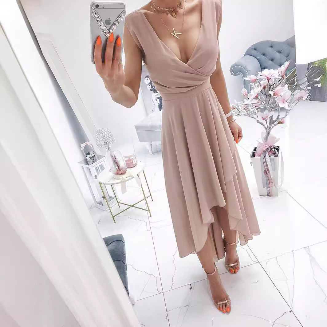 Women's asymmetrical wrap dress with elegant V-neck and flowy hem Ivyshape