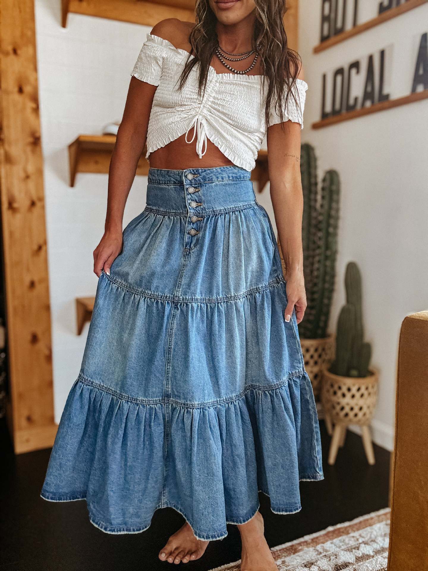 Isla - Gonna midi in denim con ruches