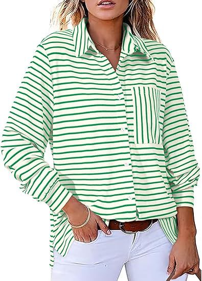 Women Casual Striped Blouse with Pocket and Button Placket Ivyshape