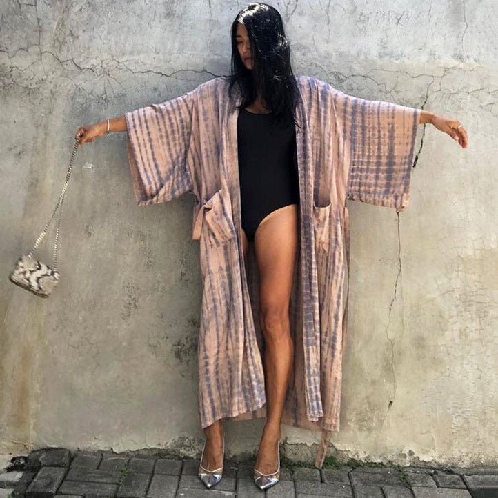 Women’s summer light beach kimono with artistic batik design Ivyshape